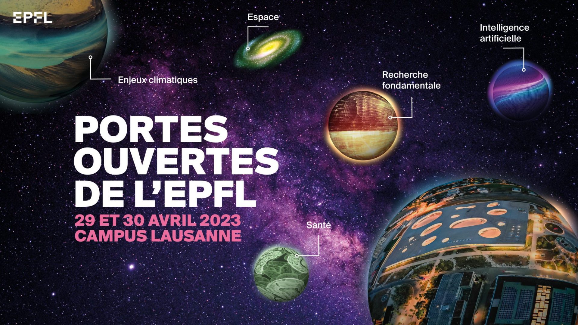 Visuel des Portes ouvertes 2023 de l'EPFL. Des planètes et galaxies flottant dans l'espace. Sur chacune d'entre elles, une thématique associée: enjeux climatiques, espace, santé, recherche fondamentale et intellignce artificielle. Une dernière planète, en bas à droite, laisse entrevoir le Rolex Learning Center