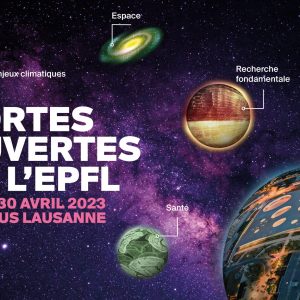 Visuel des Portes ouvertes 2023 de l'EPFL. Des planètes et galaxies flottant dans l'espace. Sur chacune d'entre elles, une thématique associée: enjeux climatiques, espace, santé, recherche fondamentale et intellignce artificielle. Une dernière planète, en bas à droite, laisse entrevoir le Rolex Learning Center